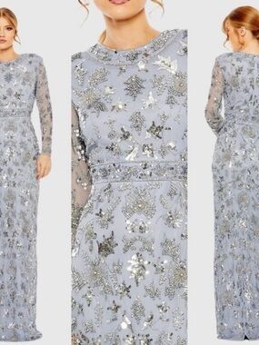 Mac Duggal High Neck Long Sleeve Embellished Column Gown Dress